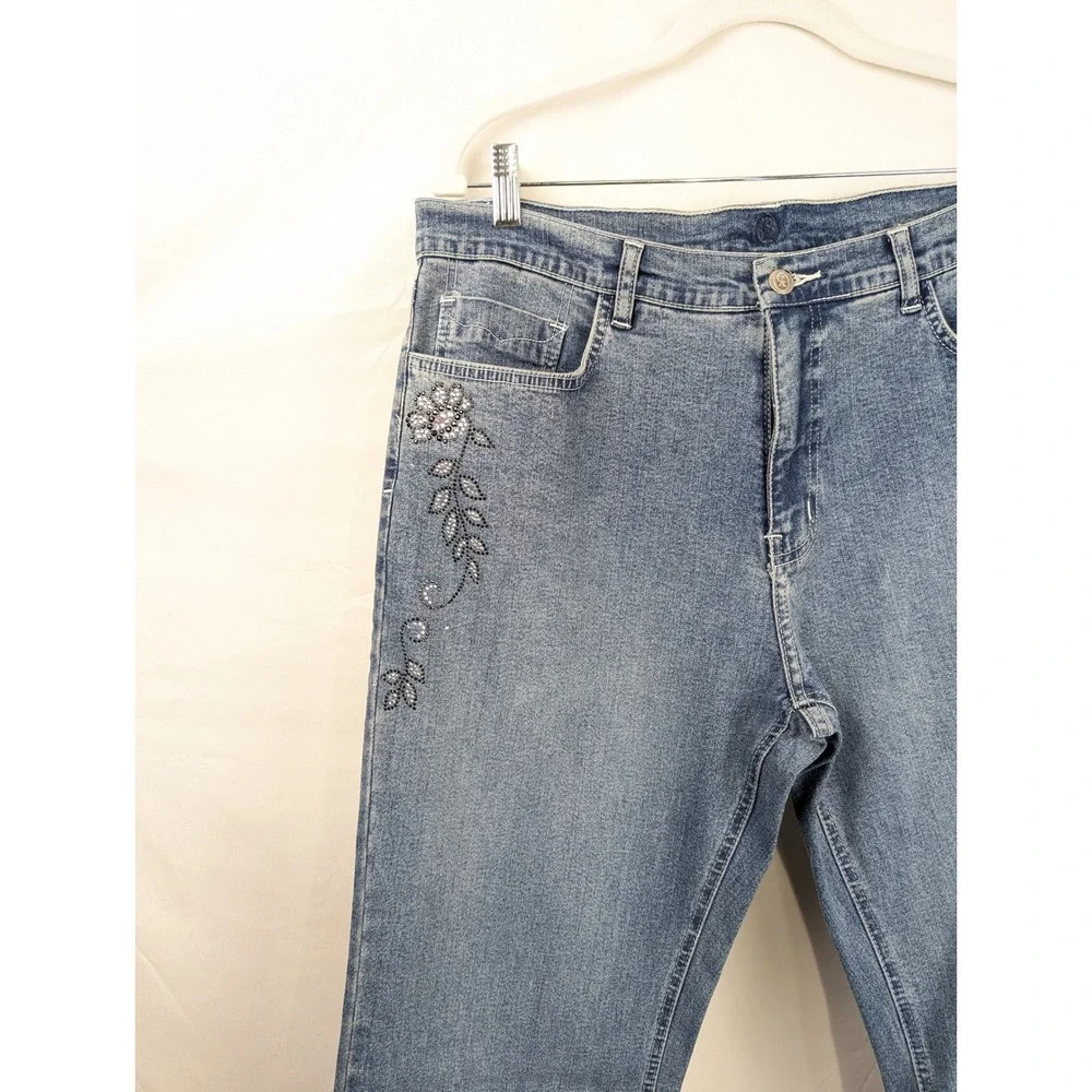 Vintage Y2K Christine Alexander Floral Crystal Embellished Denim Jeans Size 14 - Picture 3 of 9
